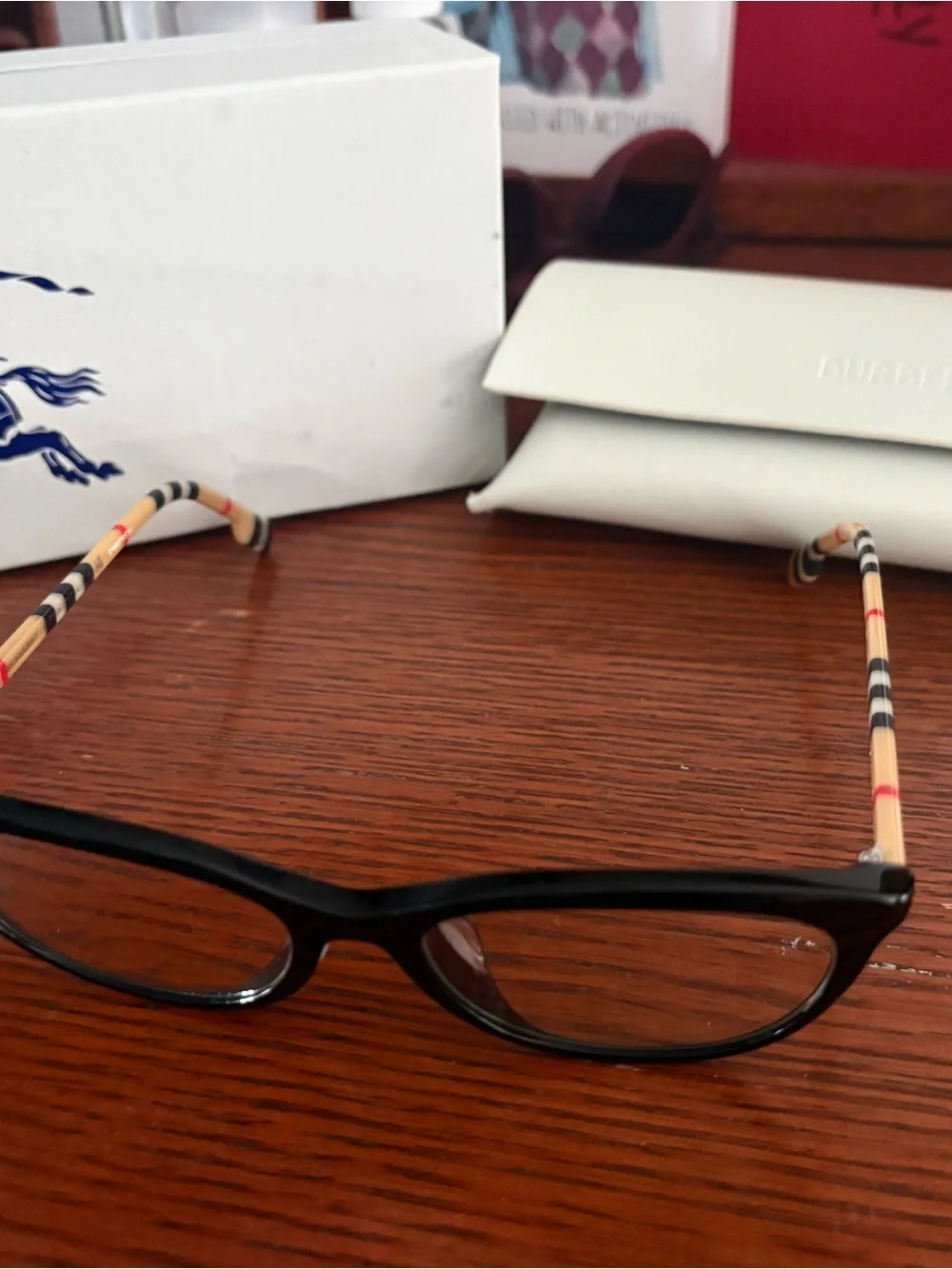 Burberry Black Cat-Eye Glasses with Signature Check Temples-lenses not included